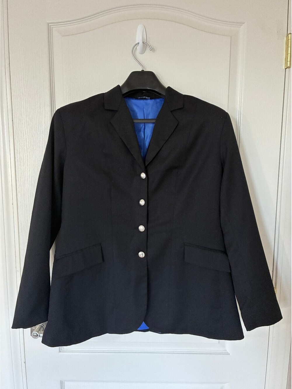 NWOT Devonaire Size 16 Reg Black dressage frock coat with bright blue lining
